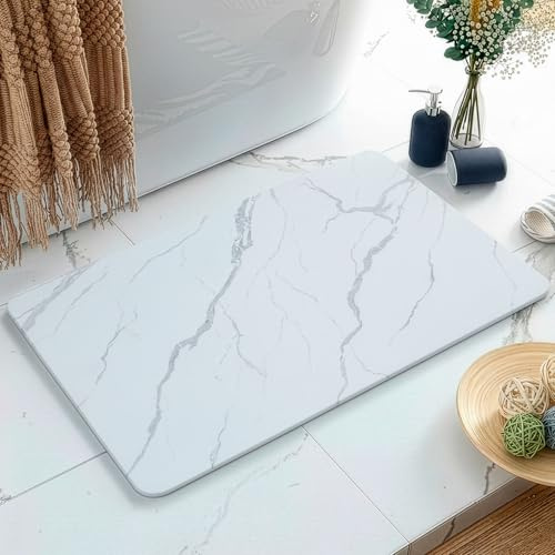 Maxura Alfombra Diatomita Baño 60x40 cm – Alfombrilla de Piedra Diatomita Super Absorbente para Ducha, Baño y Cocina, Secado Rápido, Antideslizante y Antibacteriana - Stone Bath Mat (Blanco-Gris)