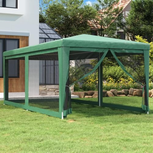 Nqyjm Trädgårdspaviljong utomhus festtält med 4 sidoväggar i grönt nät 3 x 6 m HDPE paviljong tält tält för bröllop, camping, kommersiella evenemang