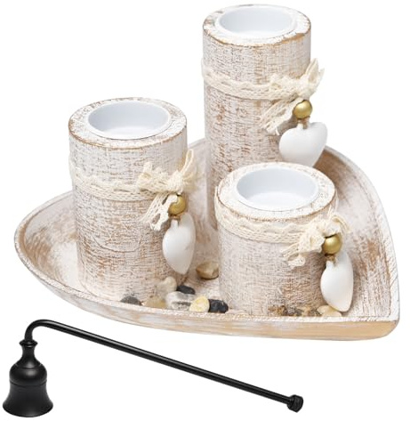 Neikafan Set 3 Portacandele Legno con Vassoio Cuore&Campana Spegnicandela