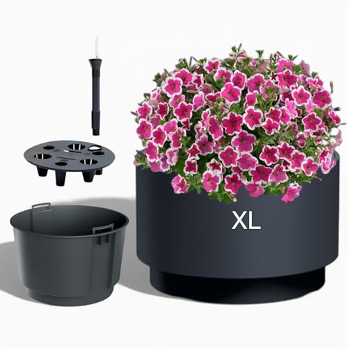 MELTOM Blumentopf mit Einsatz & Bewässerungssystem – Rund & Modern – Frost- & UV-beständig – Kunststoff Pflanzkübel für Innen & Außen – Größen: L, XL, XXL (Anthrazit, XL)