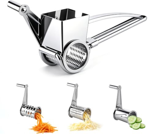 JIZZU 3 en 1 Râpe à Fromage Rotative Manuelle, Avec 3 Tambours Inox Pro | Râpe à Parmesan, Moulin à Râper pour Fromages à Pâte Dure, Légumes, Fruits, Chocolat, Noix, Compatible Lave-vaisselle