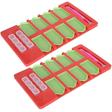 OVAQUIXI Juego de 2 Bandejas de Pintura de Diamante Organizador de Plástico para Múltiples Barcos con Bandejas de 16 Puntos, 6 Bolígrafos, Caja de 4 Filas para Manualidades, Clasificación de Cuentas,