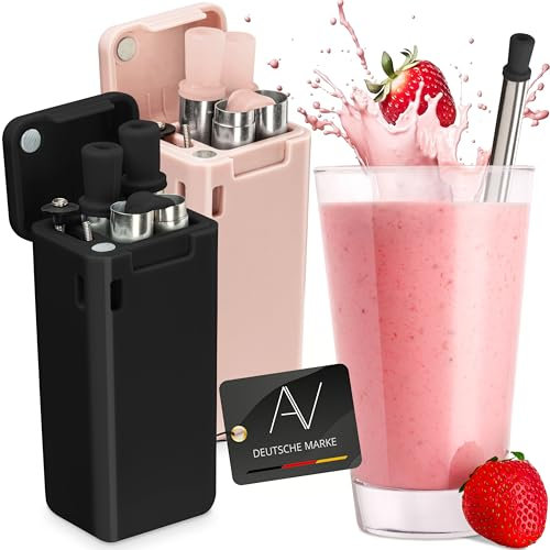 AVANA Set di 2 cannucce riutilizzabili in acciaio inox, pieghevoli, in silicone, senza BPA, ecologiche, pieghevoli, con spazzola per la pulizia e scatola magnetica (nero e rosa)