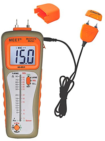Meet Pin & Pinless (Penetrate) & Wired Remote Pin (Narrow Angle) Moisture Meter for Wood & Concrete Pinless Measure up to 50mm/2inch Depth Spare Pin x 1pair Large LCD & Tri-Colours Bar-Graph LED