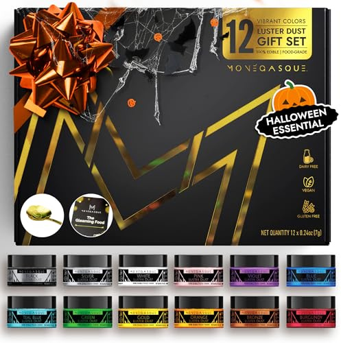 MONÉGASQUE Edible Glitter for Drinks & Cakes, Lustre Dust Set, 12 Pcs | 12 Edible Lustre Dust Colours for Halloween Cocktails, Cakes & Drinks - Kosher, Halal, Vegan, Tasteless