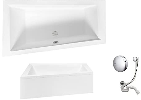 VBChome Badewanne 150x85 cm Acryl SET Schürze Siphon Wanne Ecke Eckbadewanne Weiß Design Modern Ablaufgarnitur Wanne links Schürze Ablaufgarnitur Füße