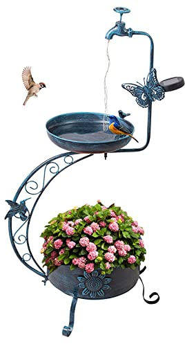 VEWOGARDEN Blå fågelbad för utomhus metall trädgård fågelbad med sollampa vintage S fågelbad med blomplanterare piedestal stående fågelmatare (91 cm H x 49,8 cm B)