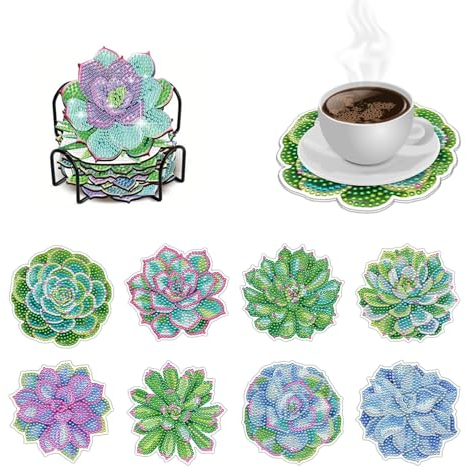 MytaYt 8 Stück Sukkulenten Diamond Painting Untersetzer 5D Acryl Kunsthandwerk Untersetzer DIY Diamant Malerei Untersetzer mit Halter Geeignet für Cafés, Büros, Wohnzimmer und Bars