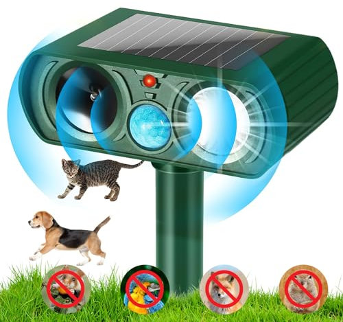 Repellente per gatti da giardino, repellente per animali ad ultrasuoni a energia solare, a ultrasuoni, con picchetto/sensore di movimento Pir, repellente per animali selvatici