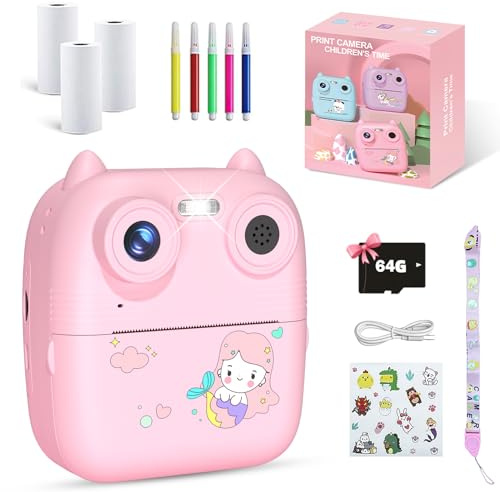 EVISTR Fotocamera digitale per bambini – 2,5 K UHD Instant Print con scheda SD 64 G e carta fotografica, schermo 2,4, registrazione video selfie, rosa
