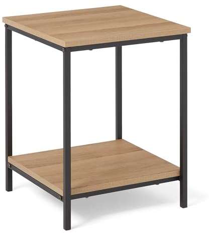 Amazon Basics Mesa Auxiliar con Estante Inferior, Cuadrada, Mesita de Noche para Dormitorio, Mesa Auxiliar de Sala de Estar con Estructura de Acero, Fácil Montaje, 40cm x 40cm x 51cm, Roble