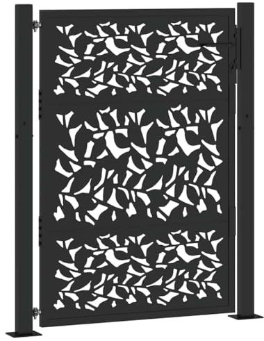 vidaXL Garden Gate Black 105x130 cm Steel Leaf Design, fence gate, outdoor gate, metal gate, security gate, entrance gate, metal fence gate