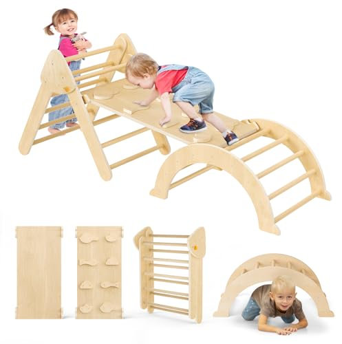 CUPCHID Set di strutture per Arrampicata Montessori, Struttura per Arrampicata Indoor 7 in 1, Arco e Scivolo per Arrampicata, Triangolo in Legno per Bambini da 1 a 3 Anni (Colore del Legno)