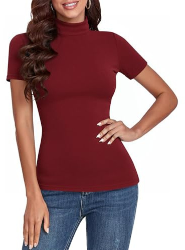 Totatuit Top Dolcevita Donna T-Shirt Maglia Maniche Corte Maglione in Cotone Collo Alto Pullover Elegante a Maglieria Bordeaux L