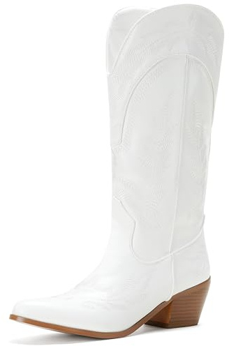 Voviggiw Women Embroidered Cowboy Boots Slip On Mid Calf Western Boots Pointed Toe Cowgirl Boots Causal Party White Size 39