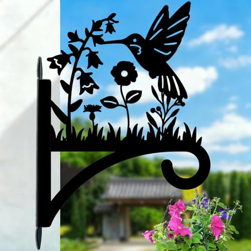 PRESSINART Crochets Suspendus pour Plante Colibri en Fer 10,6 x 14,1 Pouces Motif Fleurs Oiseau Noir Support Mural Suspendu Décoratif pour Panier Jardin Porche Carillon Lanternes Intérieur Extérieur