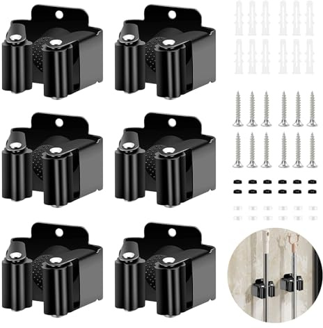WEDAMOO 6 Pcs Broom Holder Wall Mounted, Mop Wall Mounted Clips, Black | Stainless Steel Mop Broom Holder, with Installation Screws, Improve Space Utilization, for Kitchen, Garden, Garage, Basement