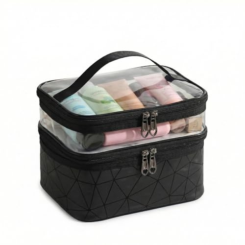 Neceser Maquillaje Grande 23x17x16cm, Doble Capa, Estuche Bolsa de Maquillaje Transparente e Impermeable con Compartimento para Brochas, Organizador de Viaje para Mujer y Niñas