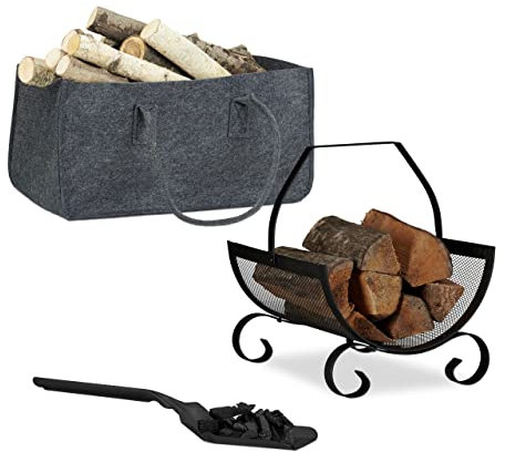 3 tlg. Kamin-Set, Kaminholztasche, Kaminholzkorb, Kohlenschaufel, Filz, Stahl, Henkel, faltbar, schwarz/anthrazit