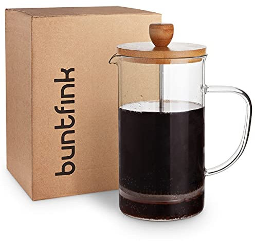 Buntfink French Press 1 Liter Glas – Kaffeebereiter mit Edelstahl-Filter & Bambus-Deckel – mit je 2 Kork-Untersetzer & Ersatz-Siebfilter – Kaffeepresse für Kaffee & Tee – spülmaschinenfest, BPA-frei