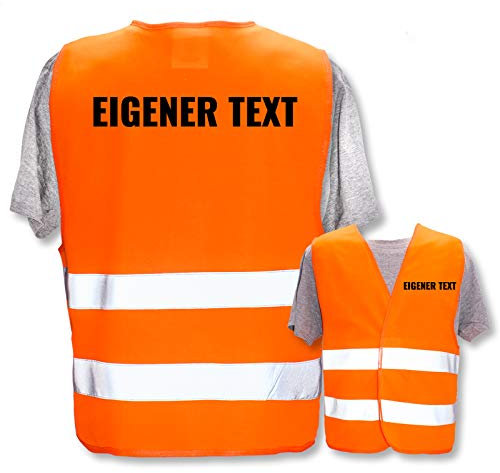 Hochwertige Warnweste mit Leuchtstreifen * Bedruckt mit: Eigener Text * Farbe + Größe: Orange (3XL/4XL) * Thema Sicherheit und Team * Farbiger oder Reflektierender Druck
