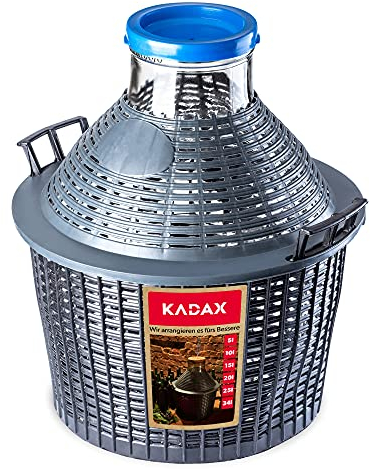 KADAX Glasballong, trädgårdballong med plastkorg, bred öppning, gummipluggar, vinballong, glasbollong, flaska, glasflaska, galloner, trädgårdbehållare, trädgårdshink (34 l)