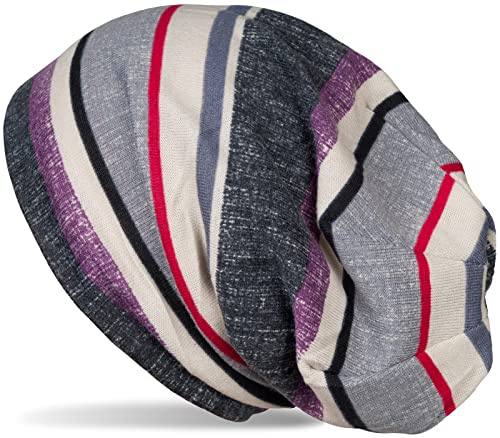 styleBREAKER Unisex finstickad mössa med färgglada ränder,Lila-Grå-Beige