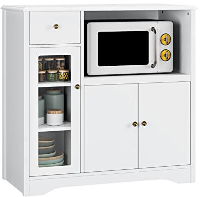 HOCSOK Küchenschrank mit Arbeitsplatte, Sideboard Küche mit Mikrowellenregal, Buffetschrank mit 1 Schubladen, 3 Tür, Verstellbare Ablagen, für Küche, Esszimmer, Wohnzimmer, Weiß