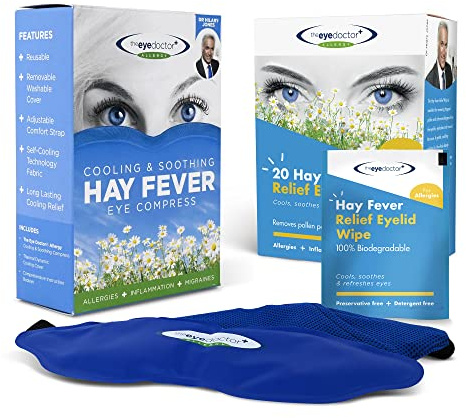 Eye Doctor Hayfever Cooling Eye Mask and 20 Eyelid Wipes, Cold Allergy Kit | Reusable Cold Gel Compress with 20 Sterile Pollen Removing Lid Pads, Soothes Itchy Watery Puffy Swollen Lids, Washable Cover