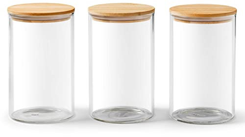 Franklin Lade Glass Storage Jars | 3 Piece Set 900ml | Airtight Bamboo Lids | Glass Jars with lids | Tea Coffee Sugar Canisters | Pantry Storage Containers | Storage Jars for Kitchen