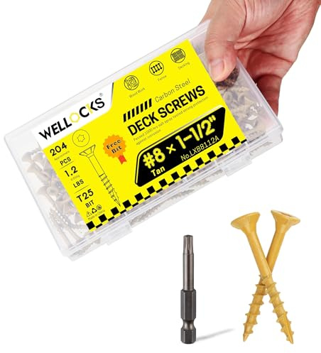 WELLOCKS Tan Epoxy Coated Deck Screws - #8×1-1/2 204PCS 1.2LBS | 1000H Salt Spray Rust Resistant | T25 Torx Bit Included for Outdoor Pressure-Treated Lumber/Fence