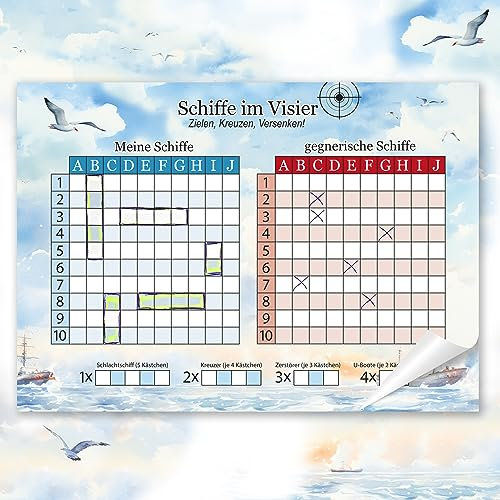 TOBJA Schiffe versenken Spiel - A4 Block mit 50 Blatt: Das Klassiker Spiel im Frischen Design | Extra Große Schrift für Senioren | Spiel 2 Personen (Block 50 Blatt)