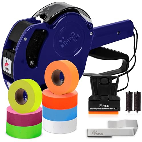 Perco Lite 1 Line Price Gun with Labels Kit - Includes 1 White Roll, 1 Gun Clip, 6 Multicolored Rolls, 2 Ink Rollers, 1 Ink roll and Labels Pre-Loaded