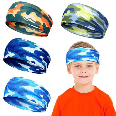 Stirnband Kinder 4 Stück Schweißband Stirn Stirnbänder Sport Jungen Atmungsaktiv Sommer Sportstirnband für Laufen,Jogging, Rad, Trainieren, Fußball (Tarnung)