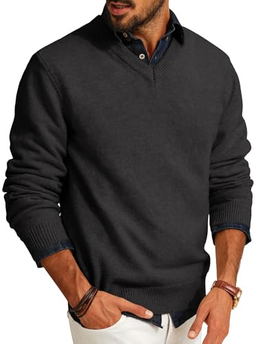 PJ PAUL JONES Mens Wool Blend Pullover Long Sleeve Knitted Casual Winter Pullover Sweaters V Neck Dress Sweater Dark Grey L