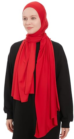 Ayisah Hijab En Jersey Pour Femme - Hijab Femme Musulmane Voile Rouge - Écharpe Extensible Pour Dames - Foulards Islamiques Modernes En Jersey Pour Dames - Châle Pour Robe De Prière Enfiler (Rouge)