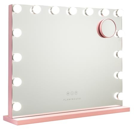 Flamingueo Sminkspegel med Belysning - 15 LED - 3 Lägen - Justerbar Intensitet - Touch Control - USB-Port - Förstoringsspegel Ingår - Hollywood Spegel - Rosa - 58x12x48cm