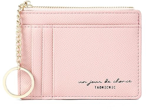 Lafefe Petit Portefeuille en Cuir, Porte-Cartes avec Fermeture Éclair, 8 Cartes, Minimaliste, Rose