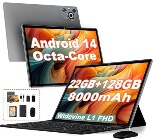 2025 Newest Tablet 10 pollici Android 14, 22GB RAM 128GB ROM/TF 1TB, Octa-Core, 8000mAh, Corpo in Metallo, Face ID, Doppio WiFi, 8MP+5MP, Widevine L1, Protezione Occhi, Tastiera, Mouse, Gary