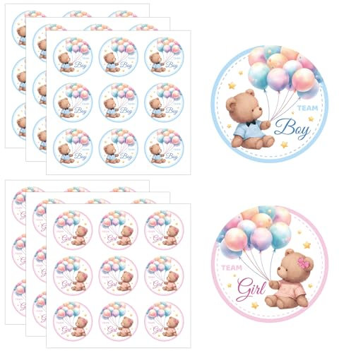 54pz Adesivi per Rivelare Il Genere, 5cm Adesivi Blu Rosa Team Boy Team Girl Etichette per Rivelare Il Genere per Giochi Di Scrapbooking Bomboniere per Baby Shower (Stile Orso)