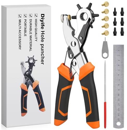 Diyife Lochzange für Leder, Hochleistungs Doppelhebel-Gürtellochzange, Lochstanzer-Set mit 6 Ersatzstempel & 5 Kupferpad, 6 Lochgrößen für Stoff, Gummi, Gürtel, DIY & Heimwerkerarbeiten