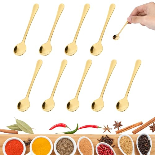 10 pezzi di cucchiaini da espresso mini, in acciaio inossidabile. Piccoli cucchiai compatti e portatili. Adatti per spezie, sale, miele, cucchiaini da tè, cucchiaini da caffè italiani (7,5 cm Oro)