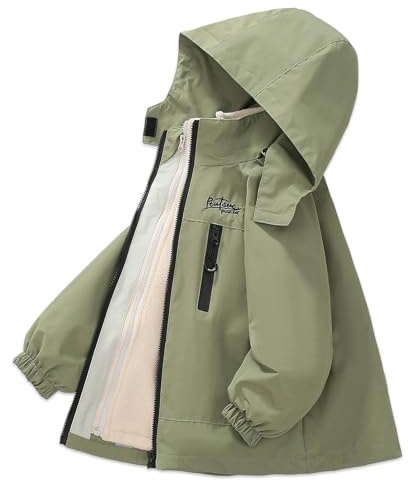 Exemaba Kids 3 in 1 Waterproof Jacket, Boys Girls Winter Rain Coats with Detachable Fleece Lining & Hood for Walking, Hiking, Travelling(Army Green, 130/5-6 Years)