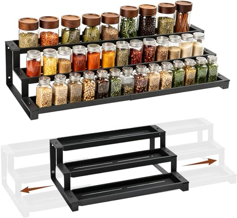 NCONCO Spice Rack for Inside Cupboard, 3 Tier 14.5-26.2 inch Expandable Spice Organiser Seasoning Shelf for Kitchen Countertop Pantry Bathroom