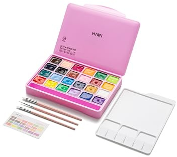 HIMI Jelly Cup Gouache Set 24 Paint Colours, 3 Brushes, Paint Pallete, Pink Case, Add Water to Reactivate, Smooth, Rich Colours, Gift, Artist Art Supplies, Large Scale Art Work to Fine Details