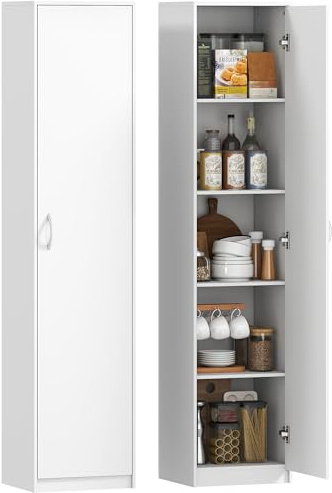 HOMCOM Credenza Cucina Alta Slim 180 cm, Mobile Dispensa a 5 Ripiani con Anta Soft Close, Antiribaltamento, Ripiani Regolabili, Mobile Cucina Salvaspazio Moderno, per Sala da Pranzo Soggiorno, Bianco
