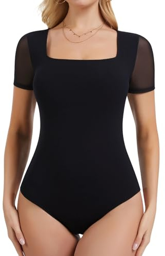 SHAPERIN Women Bodysuit Top Short Sleeve Square Neck Tops Elegant Mesh Bodysuits Slim Fit Summer T-shirt