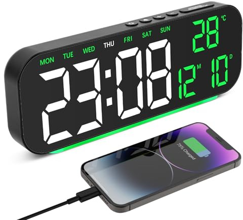 Foyucool väckarklocka, eldriven, digitala väckarklockor, sängbord med batteribackup, 4 nivåer ljusstyrka, omgivande nattlampa, dubbla larm, timer, USB-laddare för tunga sovande