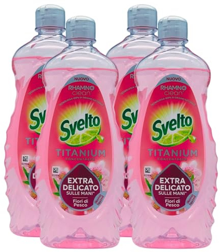 Detergente Per Stoviglie a Mano, Titanium Concentrato. Extra Delicato Sulle Mani FIORI DI PESCO, La Scelta Perfetta Per Chi Desidera Piatti Splendenti e Mani Protette 650ml (4 Unità)