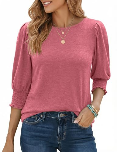 Aottori Tee Shirt Femme Manches Trois Quarts Col Rond Poignets Froncés | Poignets froncés comme détail; coupe standard et longueur standard; s'associe avec un jean, un pantalon ou une jupe